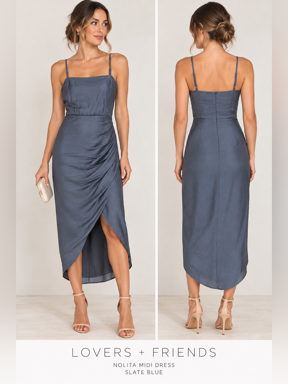Lovers + Friends Nolita Midi Dress Slate Blue Ruched Wrap Slit Size XS